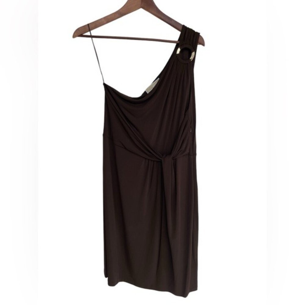 Michael Michael Kors One-Shoulder Dress Womens 8 Brown‎ Excellent Ruched Knot - Picture 2 of 4